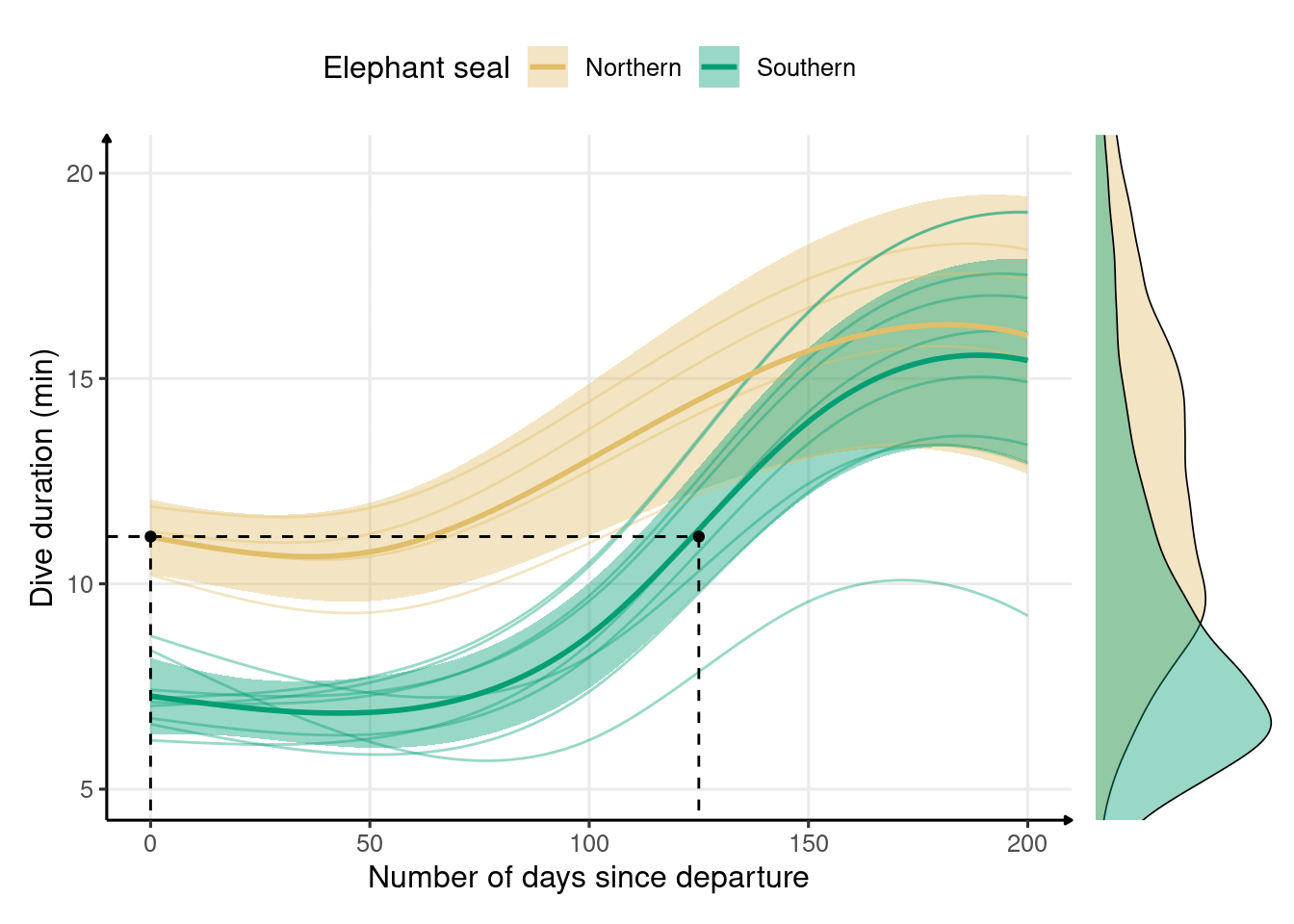 Development of dive duration throughout the first trip to sea in northern (n = 4) and southern elephant seals (n = 9) estimated from generalized additive models. The solid lines represent the means, and the shaded areas represent the 95% confidence intervals. Marginal density plots represent the spread of data for each species. Dive duration of 11.15 min is reached on the first day of northern elephant seals' trip to sea and in 125 days for southern elephant seals.